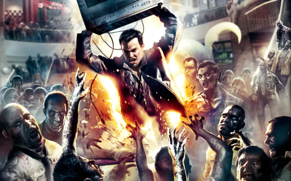 HD PC desktop wallpaper featuring intense action from the video game Dead Rising, showcasing a character fighting off a horde of zombies in a chaotic urban environment.