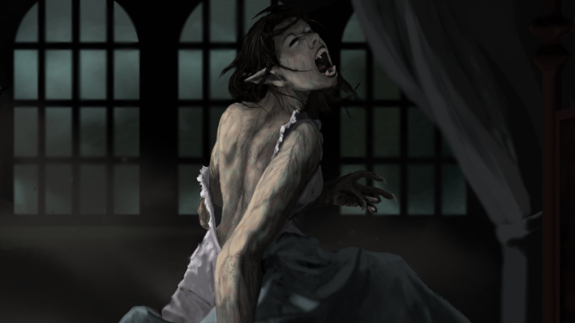 Dark HD PC desktop wallpaper depicting a fierce werewolf mid-roar in a shadowy room with large, grim windows and flowing curtains.