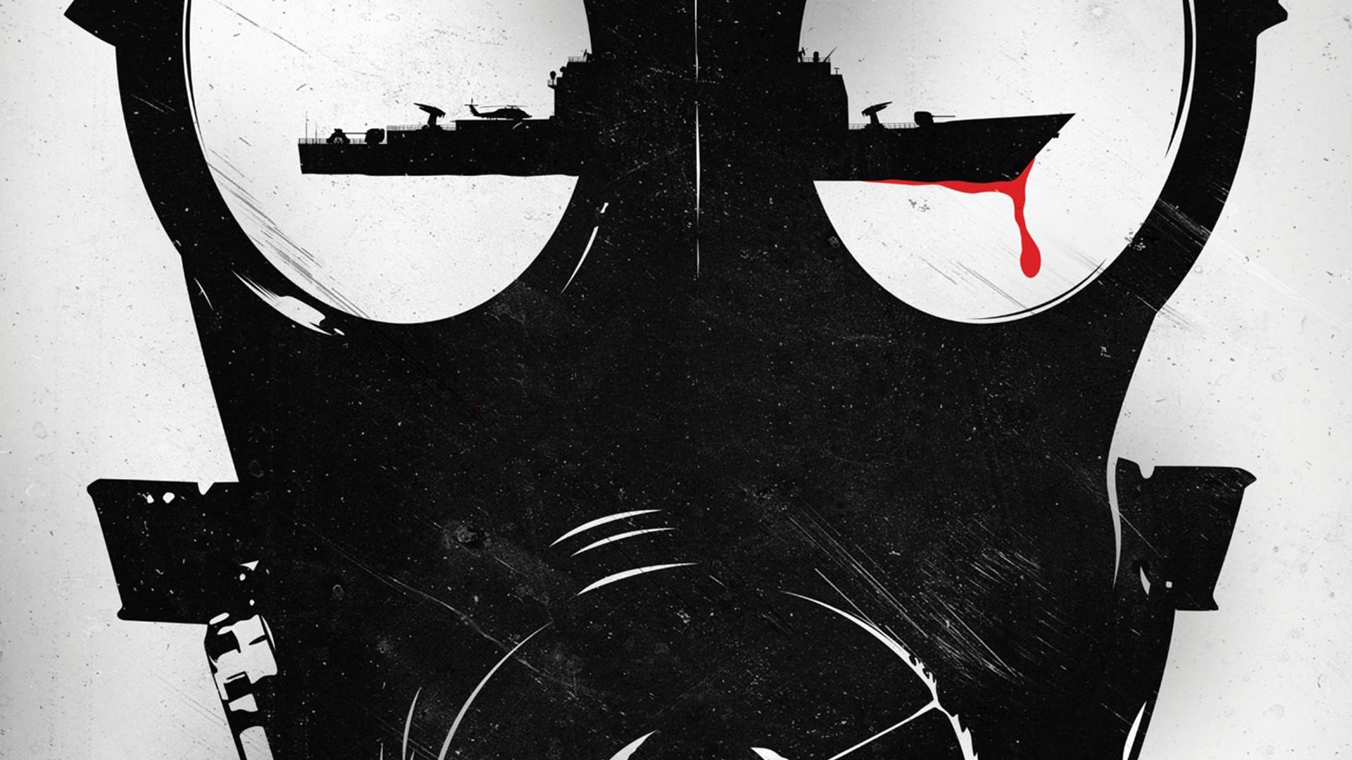 HD PC desktop wallpaper for TV show The Last Ship — black gas mask silhouette with a naval ship reflected in its lenses and a single red drop of blood on one lens.