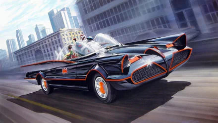 A vibrant HD illustration of the classic Batmobile with Robin at the wheel, set against a cityscape background, celebrating the iconic heroes from DC Comics.