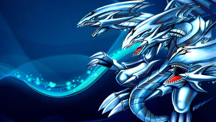 A high-definition wallpaper featuring the Blue Eyes White Dragon from Yu-Gi-Oh! anime, showcasing its fierce, multi-headed form against a dynamic blue background.