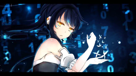 HD PC desktop wallpaper featuring a character from the video game Elsword with glowing yellow eyes and digital effects in a dark blue background.