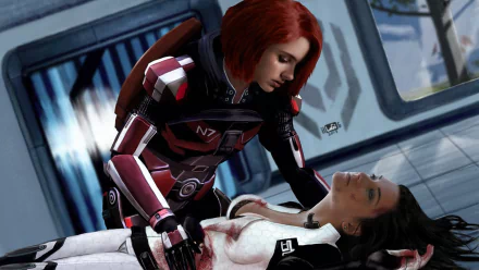 HD PC desktop wallpaper from Mass Effect 3 featuring Commander Shepard in N7 armor holding a wounded Miranda Lawson inside a futuristic spaceship interior.