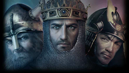 HD wallpaper featuring characters from the video game Age of Empires II, showcasing a Viking, a king in armor, and an Eastern warrior in a dramatic, stylized illustration.