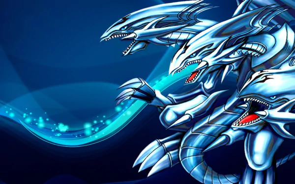 A high-definition wallpaper featuring the Blue Eyes White Dragon from Yu-Gi-Oh! anime, showcasing its fierce, multi-headed form against a dynamic blue background.