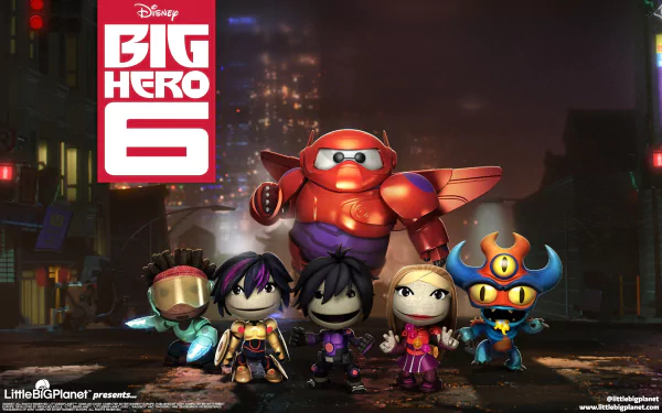 HD PC desktop wallpaper featuring characters from the video game LittleBigPlanet 3 alongside the Disney Big Hero 6 logo in a vibrant, futuristic cityscape setting.