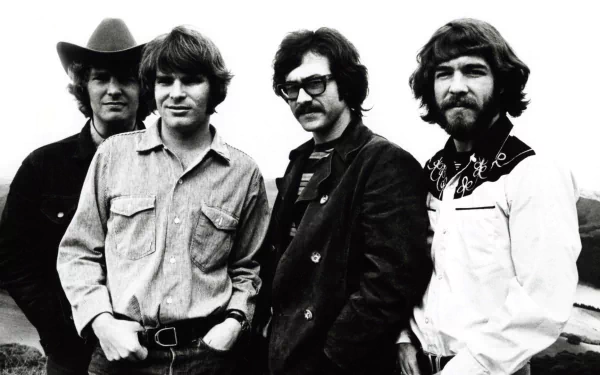 Black and white HD desktop wallpaper featuring the members of Creedence Clearwater Revival, showcasing the iconic rock band in a casual outdoor setting.