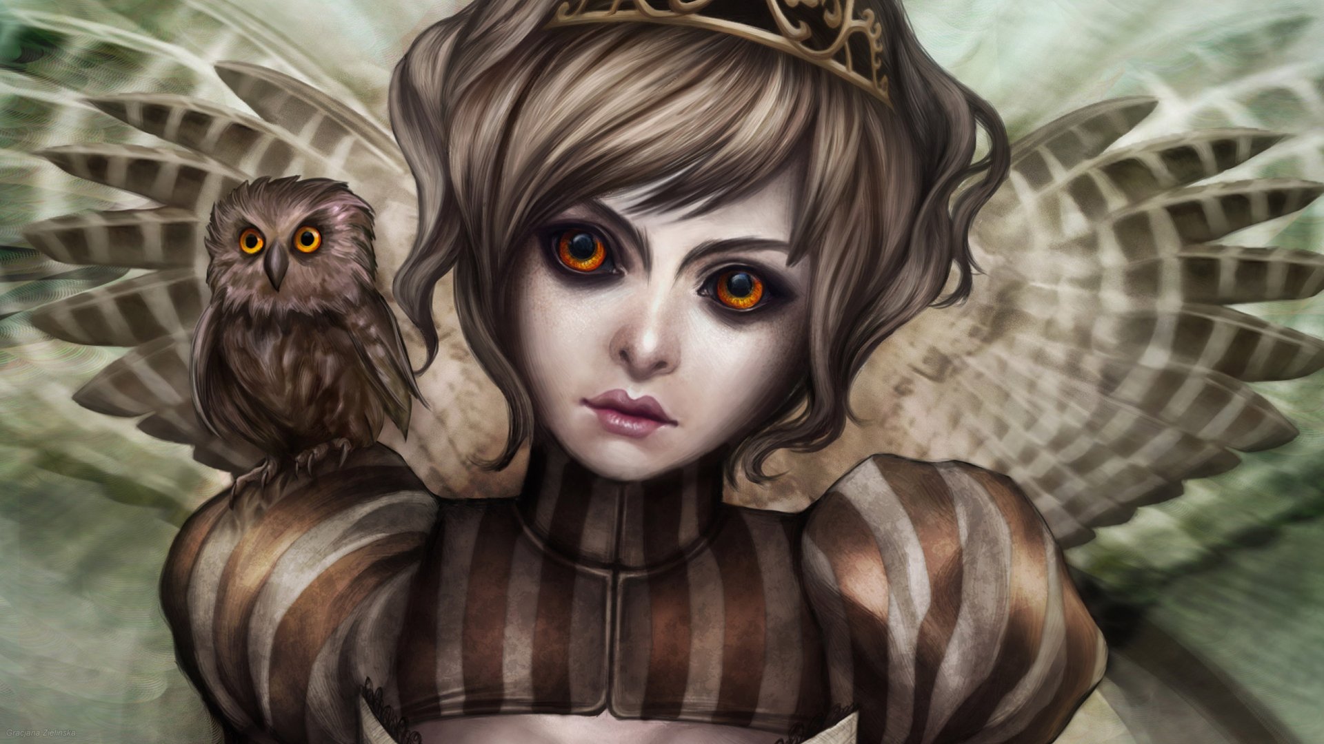 HD fantasy desktop wallpaper featuring a woman with large, glowing orange eyes, wearing a crown and striped dress, accompanied by a small owl perched on her shoulder.