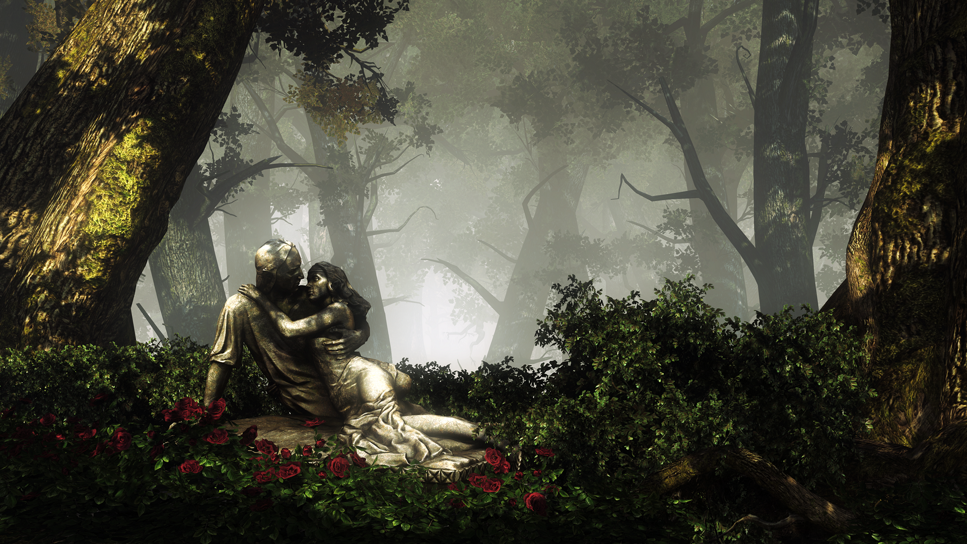 HD PC wallpaper from the video game The Witcher 2: Assassins of Kings, featuring a detailed statue of a knight embracing a woman in a misty forest setting.
