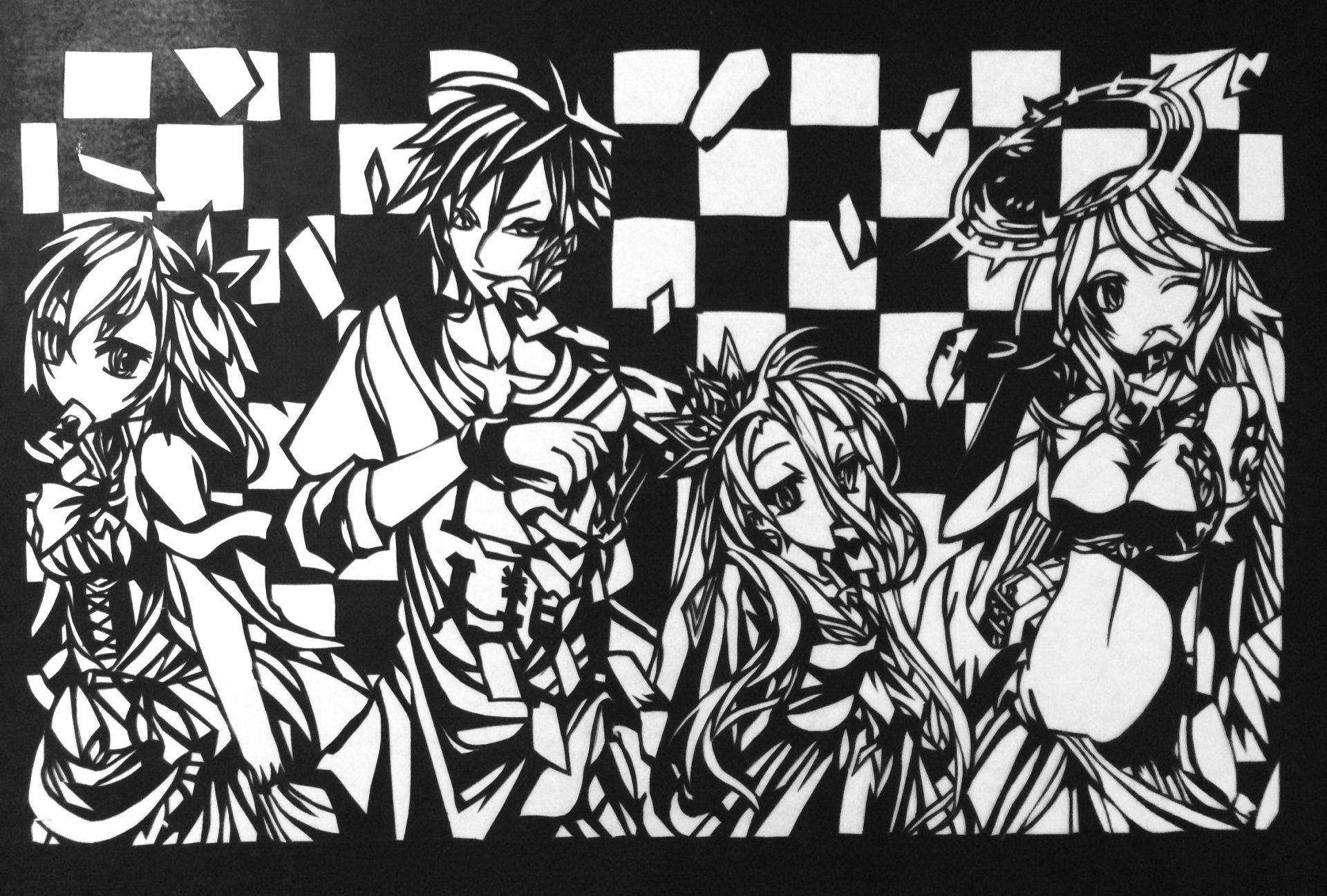 Anime-inspired HD wallpaper featuring characters Stephanie Dola, Shiro, Sora, and Jibril from No Game No Life against a checkered background.