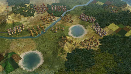 HD PC desktop wallpaper from the video game Civilization V featuring troops positioned on a detailed terrain with lakes, forests, and farmland.