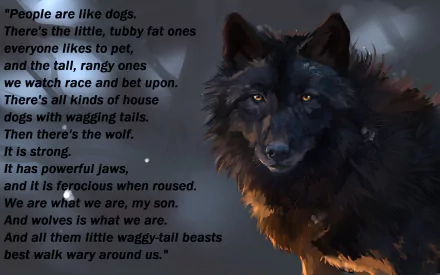 A striking HD wallpaper featuring a majestic wolf, accompanied by a contemplative quote about the nature of wolves and dogs, emphasizing strength and uniqueness.