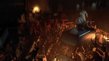 A high-definition wallpaper from the video game Dying Light, depicting a tense moment with a character atop a van surrounded by a chaotic crowd of zombies.