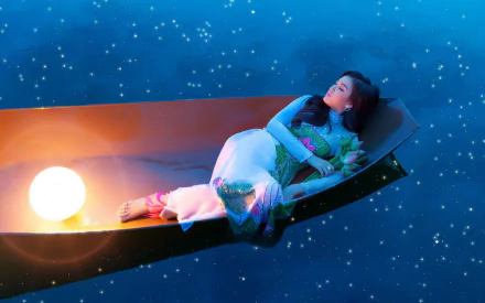 A serene HD wallpaper featuring a Vietnamese woman in an Ao Dai lying in a boat surrounded by starry night skies, evoking a dreamlike ambiance.