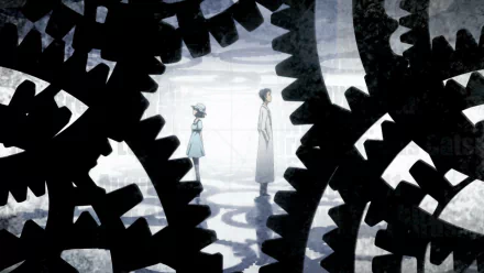 A high-definition desktop wallpaper featuring Mayuri Shiina and Rintaro Okabe from the anime Steins;Gate, framed by intricate black gears in a surreal, atmospheric setting.