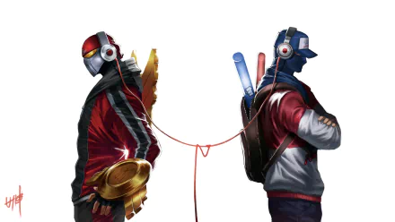 HD desktop wallpaper featuring Zed and Shen from League of Legends, dressed in modern outfits and connected by an audio cable, set against a plain background.