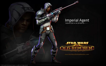 Sci-Fi Imperial Agent from Star Wars: The Old Republic — hooded sniper in armor aiming a long rifle on a dark 2K Quad HD PC desktop wallpaper/background with video game logo.