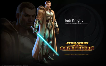 HD PC desktop wallpaper featuring a Jedi Knight wielding a blue lightsaber from the sci-fi video game Star Wars: The Old Republic.