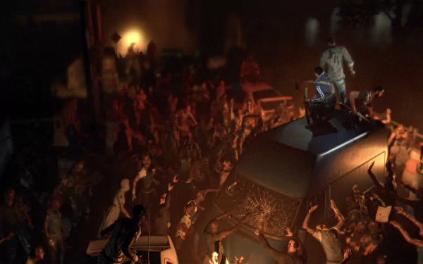 A high-definition wallpaper from the video game Dying Light, depicting a tense moment with a character atop a van surrounded by a chaotic crowd of zombies.