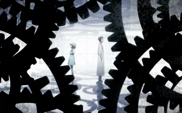 A high-definition desktop wallpaper featuring Mayuri Shiina and Rintaro Okabe from the anime Steins;Gate, framed by intricate black gears in a surreal, atmospheric setting.
