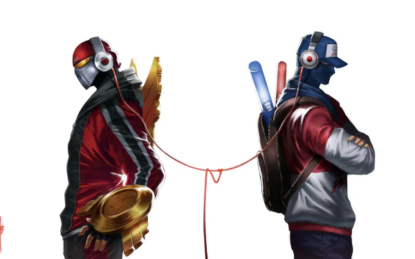 HD desktop wallpaper featuring Zed and Shen from League of Legends, dressed in modern outfits and connected by an audio cable, set against a plain background.