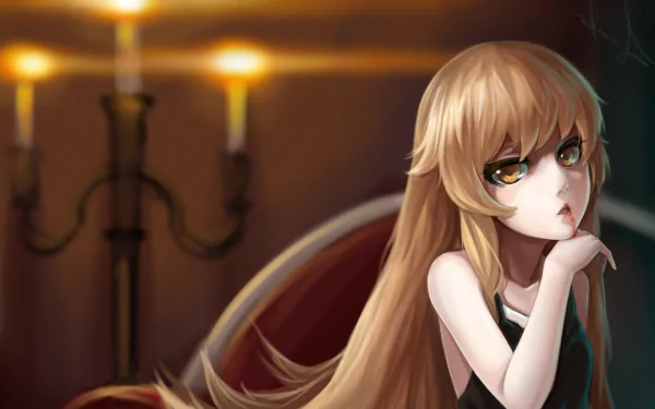 Anime desktop wallpaper featuring Shinobu Oshino, a character with blonde hair and striking yellow eyes, set against a softly lit background with candles.