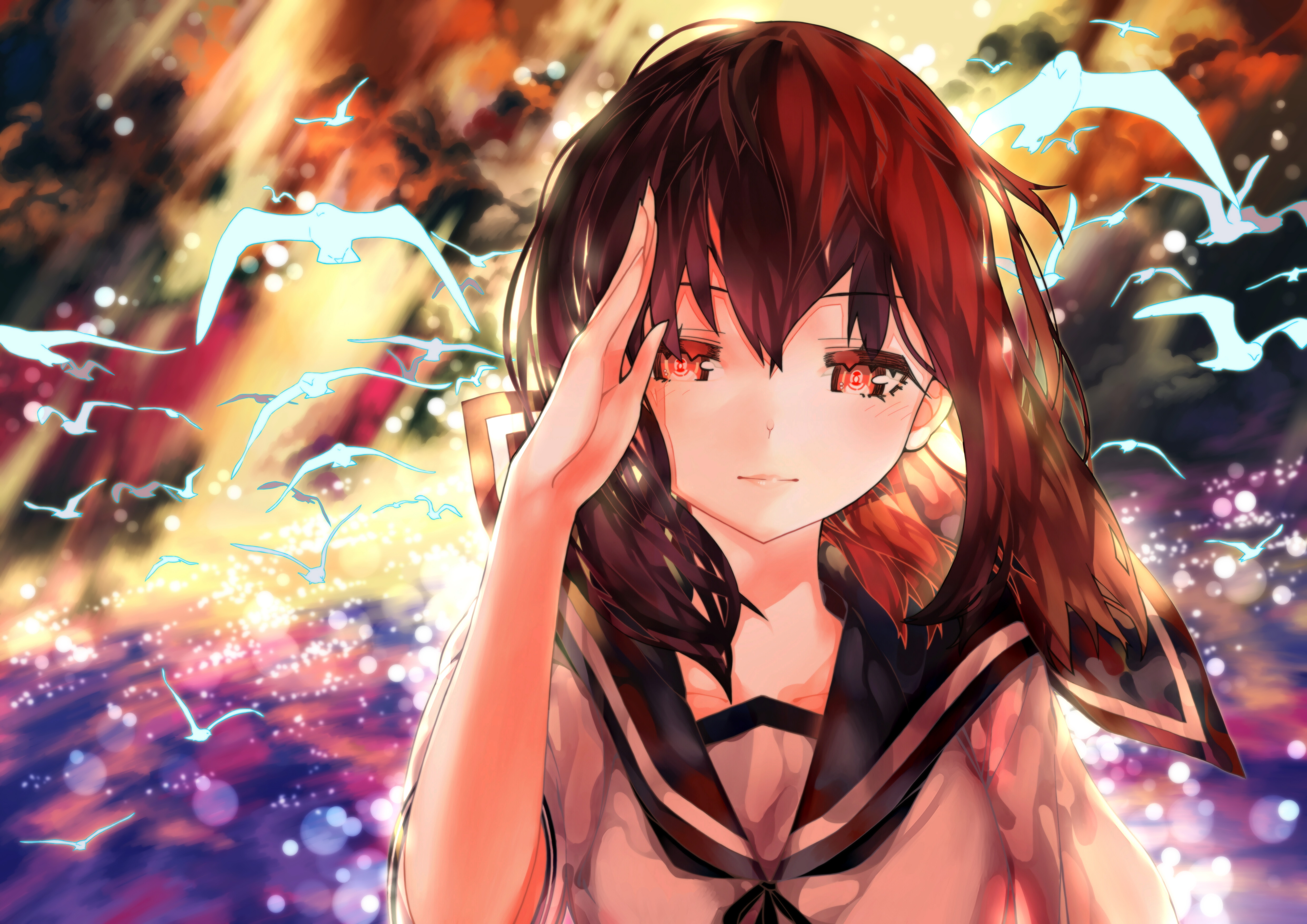 HD desktop wallpaper of Fubuki from Kantai Collection, featuring a character with black hair and red eyes in a school uniform, surrounded by ethereal birds in a vibrant, abstract background.