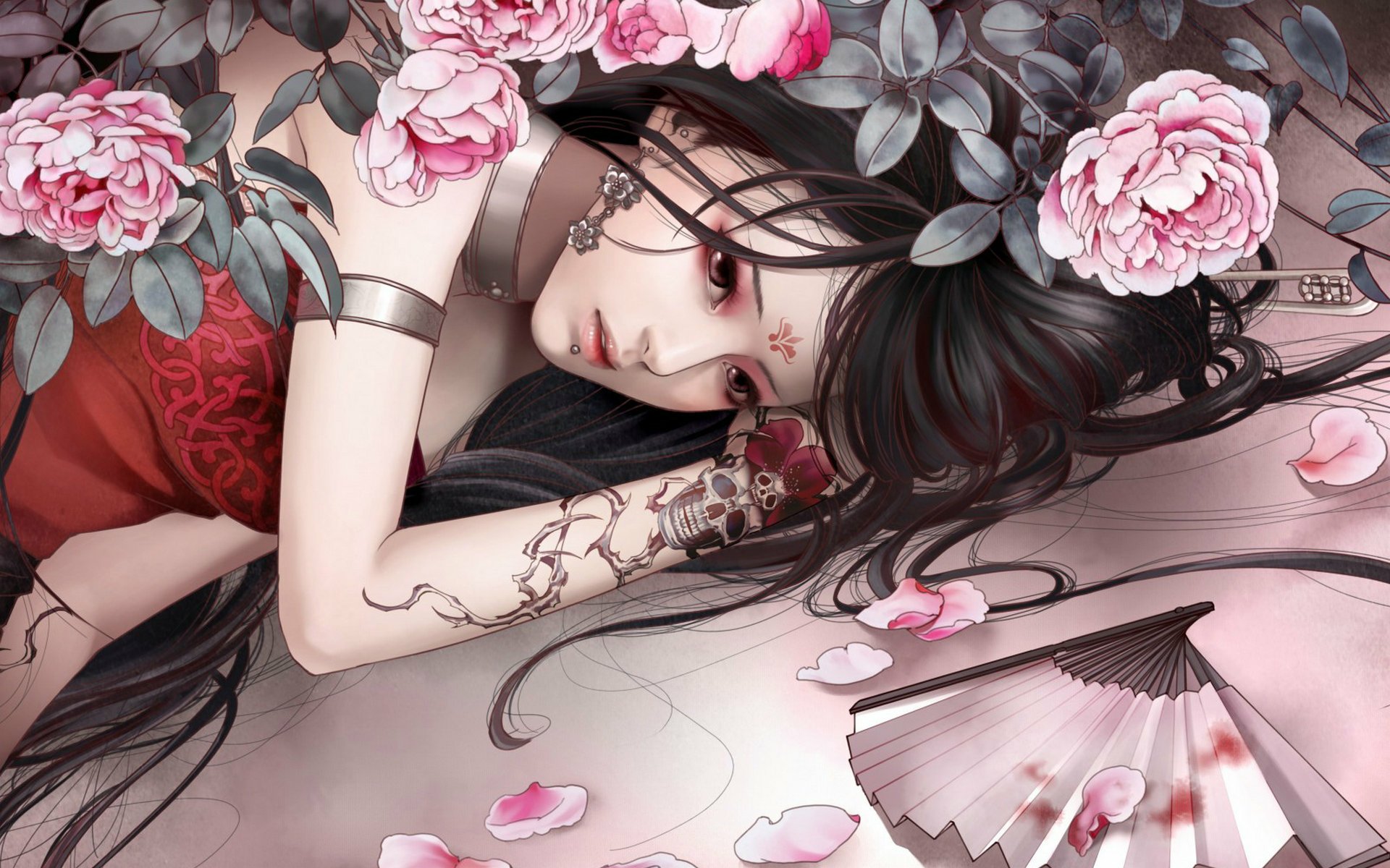 A vibrant HD wallpaper from the Chinese video game JX Online, featuring a serene figure surrounded by petals and roses, exuding a mystical and artistic atmosphere.