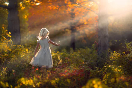 A child in a white dress wanders through a sunlit forest, surrounded by vibrant fall foliage and dandelions, capturing the warmth of autumn in a serene landscape.