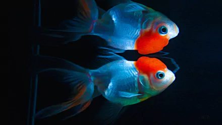 A stunning HD wallpaper featuring vibrant goldfish with striking orange and blue hues, swimming gracefully against a dark background, showcasing their beauty and elegance.