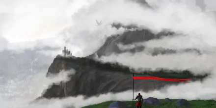 A fantasy landscape HD wallpaper showing a knight with a red flag overlooking a misty mountain with a castle and a dragon flying nearby.