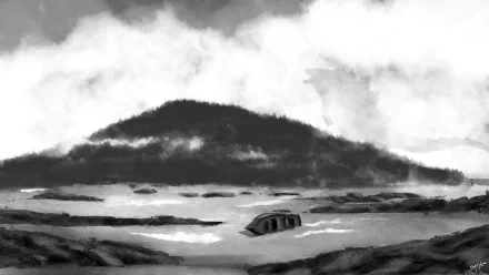 Black and white HD wallpaper from a Godzilla movie, depicting a dramatic landscape with an ominous sky, a hill in the background, and a partially submerged structure in the water.