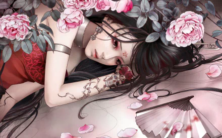 A vibrant HD wallpaper from the Chinese video game JX Online, featuring a serene figure surrounded by petals and roses, exuding a mystical and artistic atmosphere.