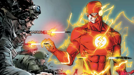 An action-packed comic scene featuring The Flash, showcasing the superhero in his iconic red suit amidst a dramatic encounter with soldiers. A vibrant HD wallpaper for PC desktops.