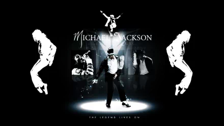 HD wallpaper featuring Michael Jackson, showcasing his iconic dance moves and legacy with striking visuals. The text The Legend Lives On emphasizes his enduring impact on music.