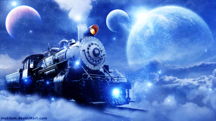 A surreal locomotive travels through a celestial landscape, surrounded by clouds and distant planets, creating a stunning space-themed HD wallpaper for your desktop.