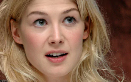 HD desktop wallpaper of Rosamund Pike with an expressive look, featuring her blonde hair and clear complexion.