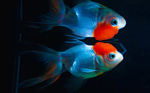 A stunning HD wallpaper featuring vibrant goldfish with striking orange and blue hues, swimming gracefully against a dark background, showcasing their beauty and elegance.