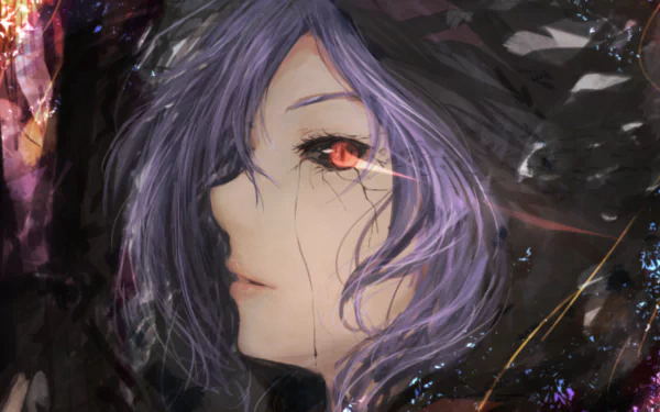 HD desktop wallpaper featuring Touka Kirishima from Tokyo Ghoul, depicting her with purple hair and a striking red eye, set against a dark, abstract background.