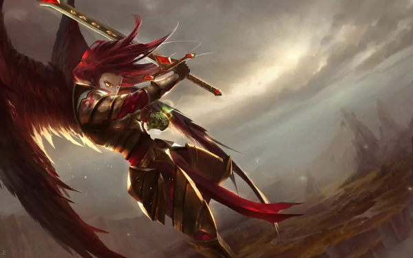 HD desktop wallpaper of Kayle, the angel warrior from League of Legends, wielding a sword in gleaming armor against a dramatic sky backdrop.