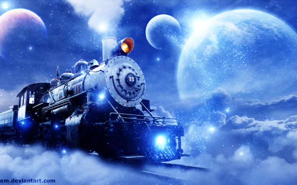 A surreal locomotive travels through a celestial landscape, surrounded by clouds and distant planets, creating a stunning space-themed HD wallpaper for your desktop.