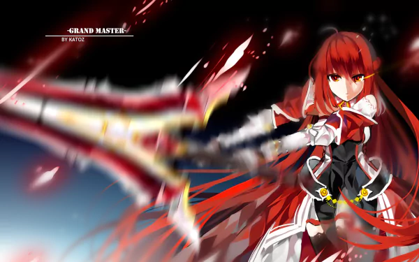 An HD wallpaper featuring Elesis from the video game Elsword, wielding a sword with fierce determination, set against a dynamic, action-packed background.