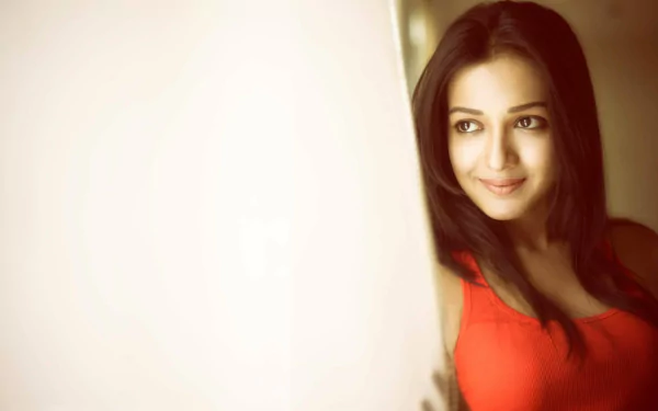 HD Bollywood desktop wallpaper featuring actress Catherine Tresa smiling softly, captured with warm lighting and a blurred background.