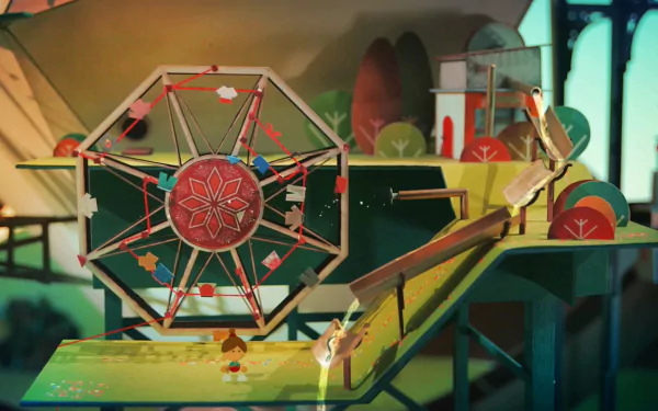 HD desktop wallpaper of Lumino City featuring a detailed model of a whimsical ferris wheel and colorful environment.