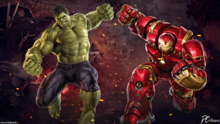 HD desktop wallpaper featuring Hulk and Hulkbuster in an intense face-off, inspired by the movie Avengers: Age of Ultron. The background has a dramatic, battle-like atmosphere.