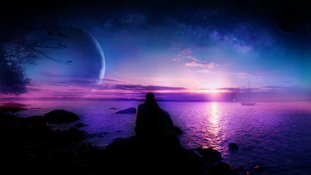 A romantic fantasy landscape features a silhouette of a person by the ocean at sunset, with vibrant purple and blue hues and a distant sailboat under a starry sky.