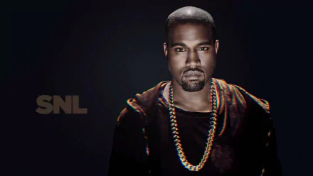 HD desktop wallpaper featuring Kanye West with a serious expression, adorned in a necklace, against a dark background with SNL text. An artistic representation of music culture.