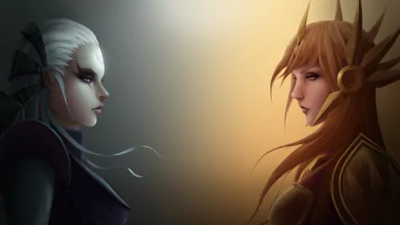 HD PC desktop wallpaper featuring Diana and Leona from the video game League of Legends, facing each other against a gradient background.