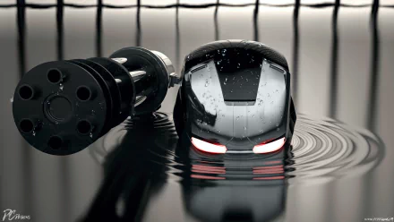 HD desktop wallpaper featuring War Machine's helmet with a mounted weapon beside it. The helmet, reflecting light and surrounded by water ripples, adds a striking visual from the Iron Man movie.