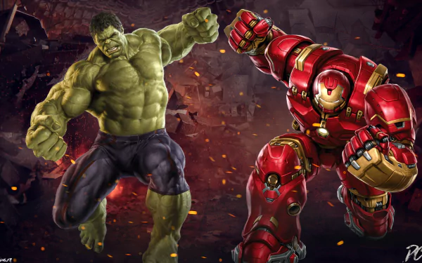 HD desktop wallpaper featuring Hulk and Hulkbuster in an intense face-off, inspired by the movie Avengers: Age of Ultron. The background has a dramatic, battle-like atmosphere.
